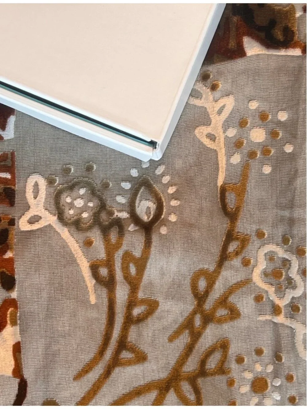 Velvet Burnout Scarf With Fringe -Brown Green Taupe Rust Cream -80